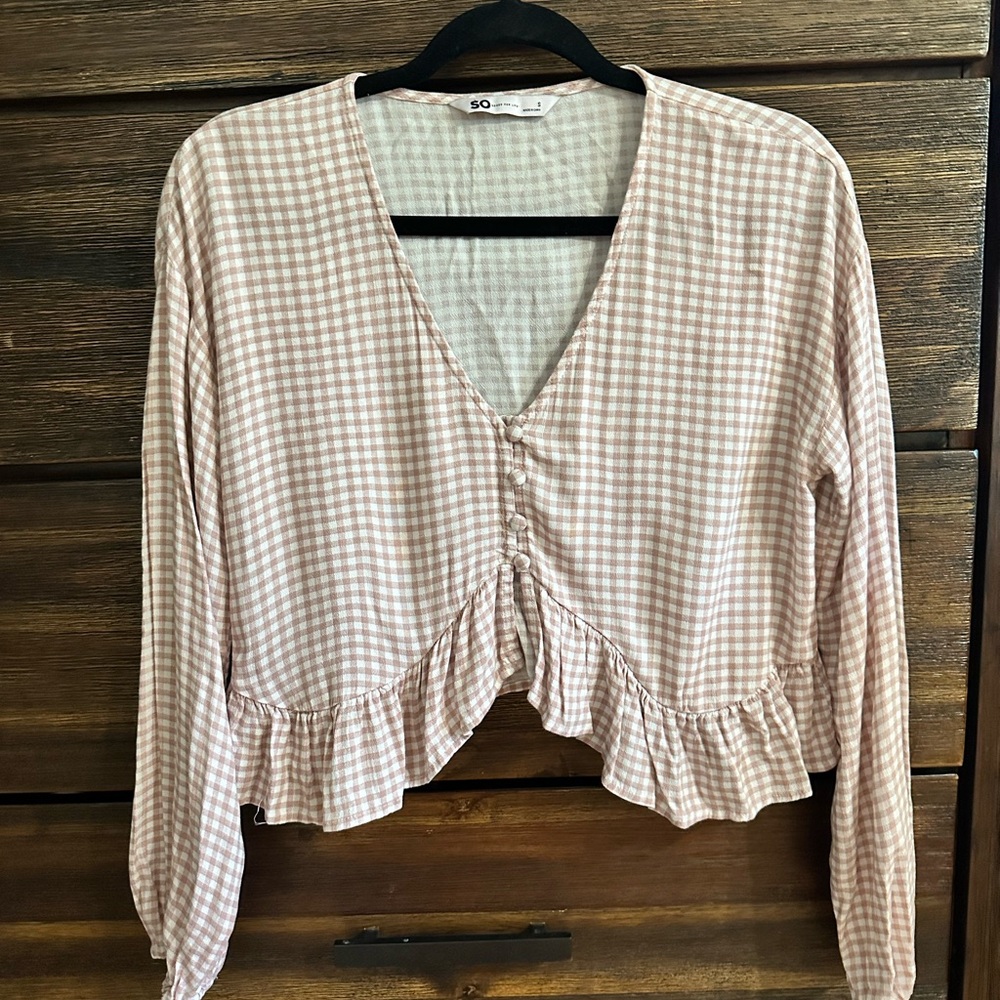 SO Women's Pink Checkered Ruffle Blouse